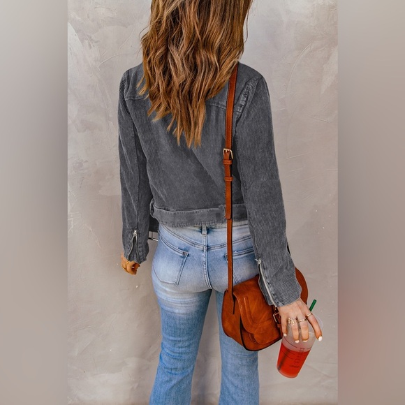 Belted Zip-Up Corduroy Jacket Gray - Picture 5 of 5